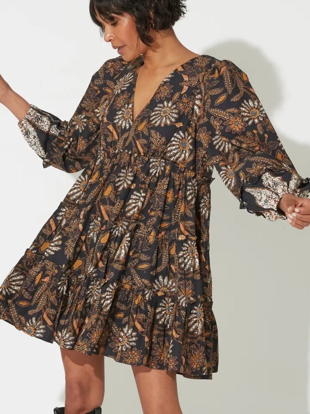 Cleobella Tilda Mini Dress with Tan Floral Print small